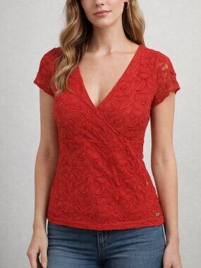 Guess Y2K Babydoll Red Lace V-Neck Short Sleeve Top
